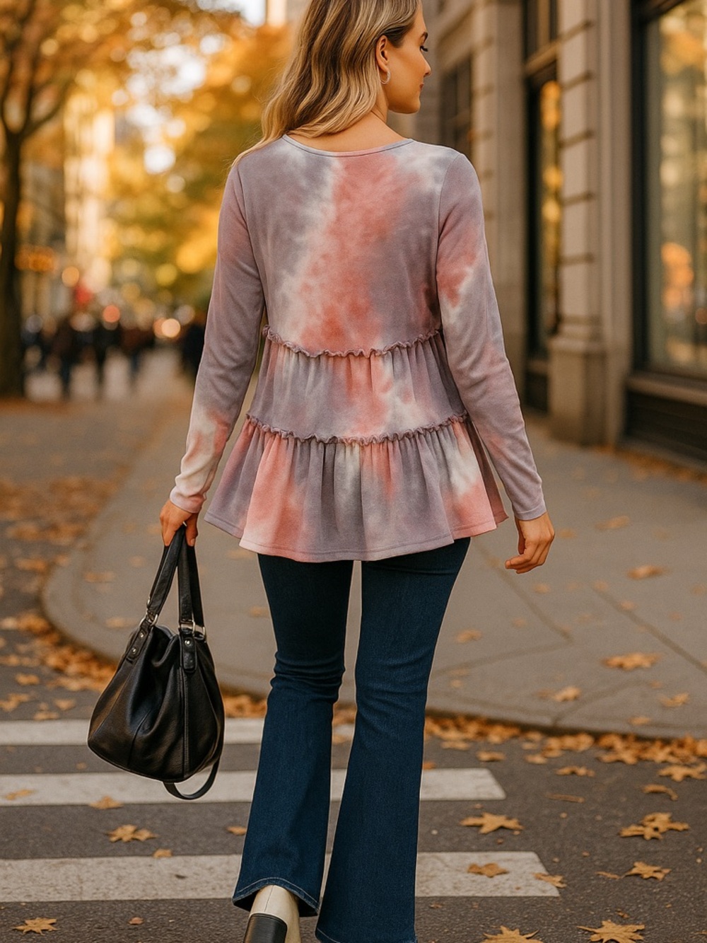 NWT Bluivy Women's Tie-Dye Tiered Ruffle Hem V-Neck Long Sleeve Top - Rose Gray - Picture 4 of 4